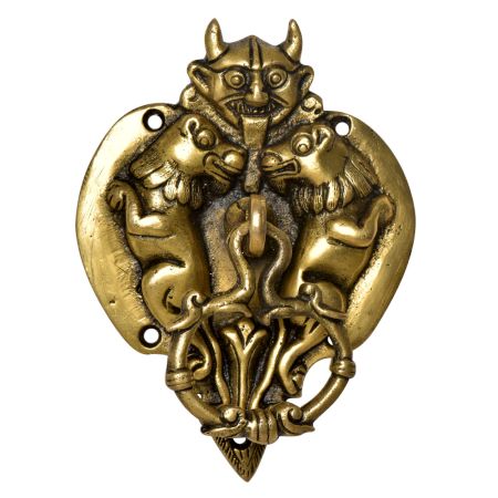Decorative Brass Demon Head With Two Lion Figurines Door Knocker