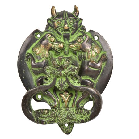 Brass Demon Two Elephants Dragon Head Door Knocker With Green Patina