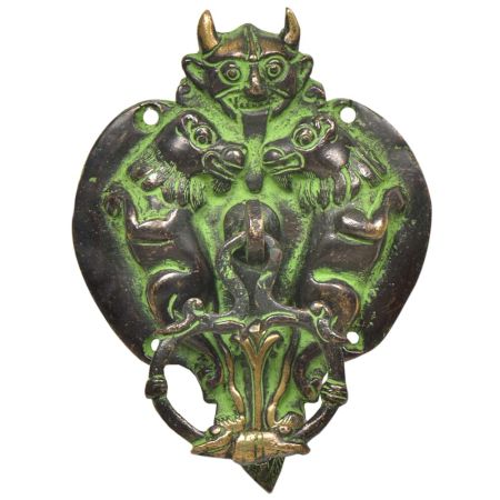 Black  Brass Green Patina Demon Head With Two Lion Figurines Door Knocker