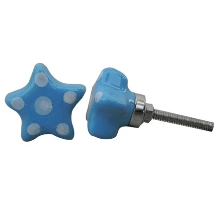 Turquoise Star White Polka Ceramic Wardrobe Knob