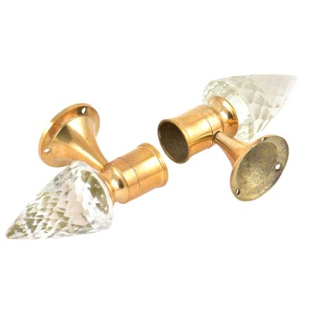 Set Of 2 Transparent Conical Crystal Curtain Pole Finials With Golden Brass Bracket