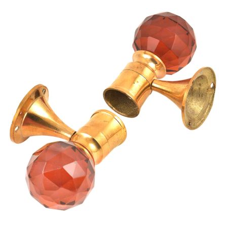 Set Of 2 Red Globe Crystal Curtain Pole Finials With Golden Brass Bracket