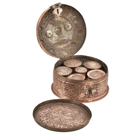 Embossed Or Carved Jali Design Copper Indian Pandaan With Lock Handle