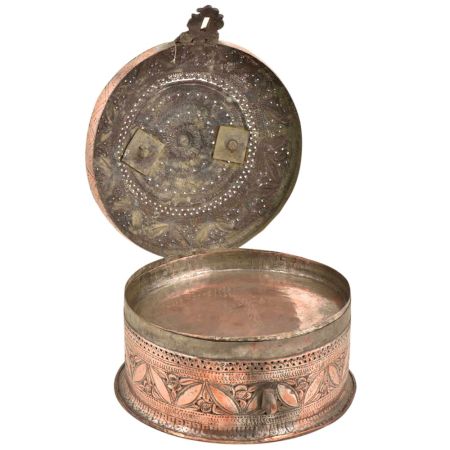 Copper Engraved Leaves Round Beetal Nut Box with Handle