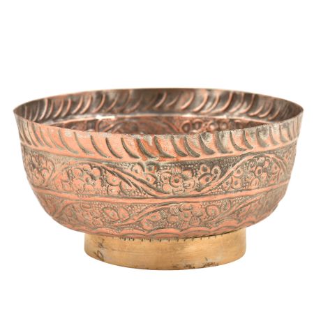 Hand Hammered Floral Design Copper Footed Bowl