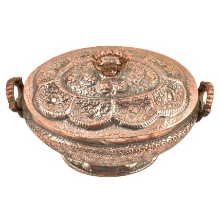 Engraved Floral Design Kashmiri Copper Rice Bowl With Lid And Handles