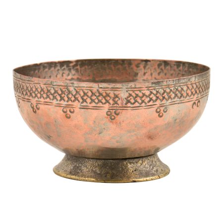 Vintage Copper Bowl With Criss Cross Pattern On The Rim
