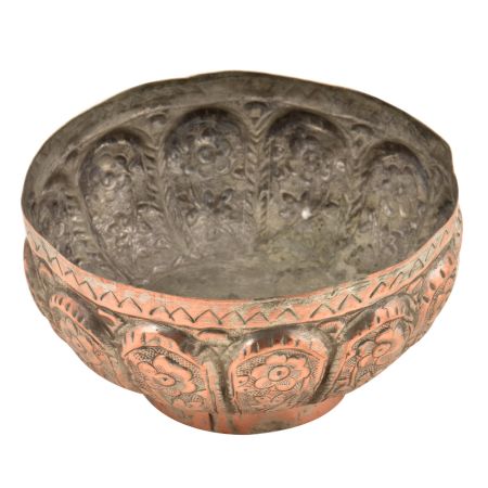 Embossed  Floral Leafy Pattern Pedestal Copper Bowl
