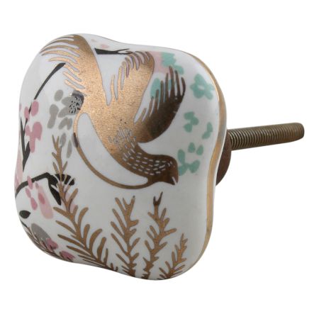 Golden Leaf Bird Square Ceramic Cabinet Knob