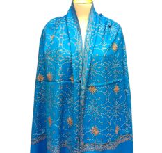 Handmade Blue Semi Pashmina Jaal Design Needle Work Shawl
