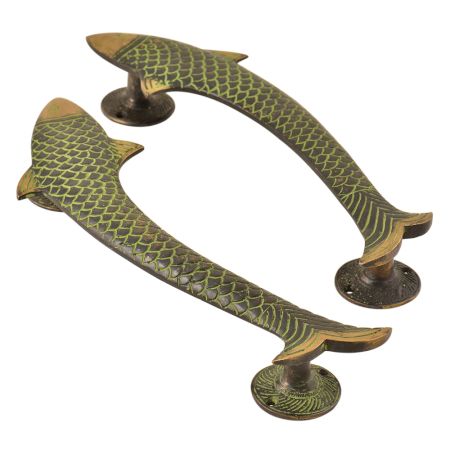 Vintage Finish Fish Shaped Brass Door Handle In Pair