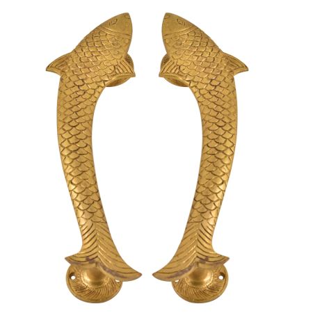 Vintage Golden Fish Shaped Brass Door Handle In Pair