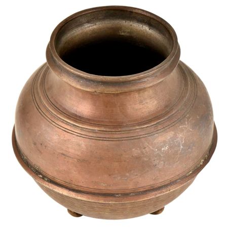 Footed Brass Water Storage Pot With Horizontal Engraved Circular Lines