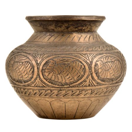 Hand Engraved Flower & Peacock Figures Carved Brass Water Pot