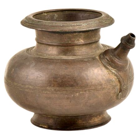Brass  Bulbous Holy Water Pot With Spout And Patina