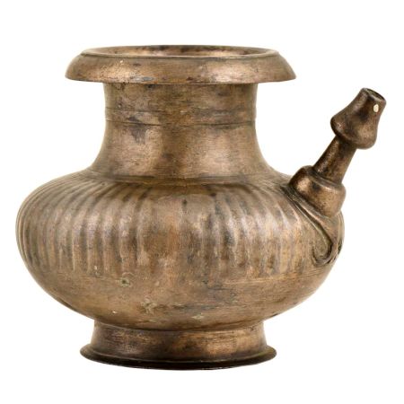 Brass Ribbed Bulbous Hindu Holy Water Pot With Spout