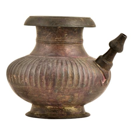 Brass Handmade Ribbed Bulbous Form Holy Water Pot With Spout