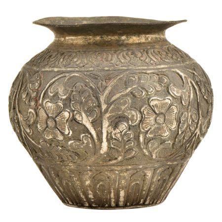 Brass Repousse Floral Pattern And Vines Handmade Pot Or Vase
