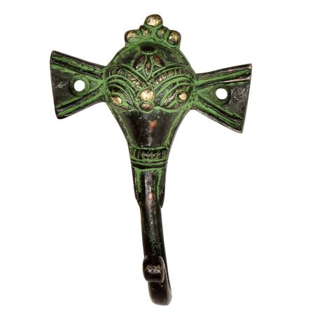 Hand Made Tribal Elephant Face Brass Wall Hook With Patina