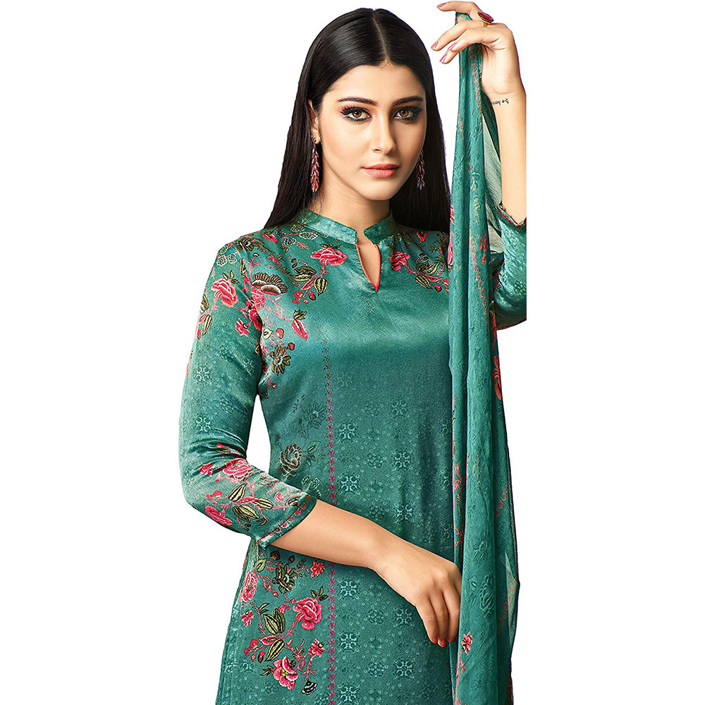 Teal Satin Cotton Printed Women's Unstitched Dress Material