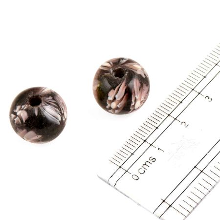 Black Floral Clear Round Glass Beads With Painted Flowers (Pack Of 12)