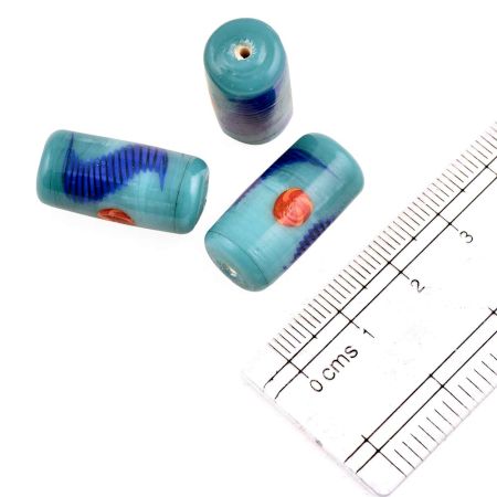 Turquoise Swirl Painted Cylindical Loose Glass Beads Jewelry Accessories (12 in Pack)