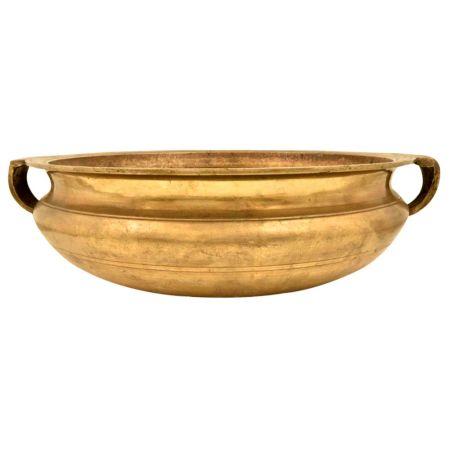 Simple Solid Golden Brass Flower Decoration Urli With Two Handles