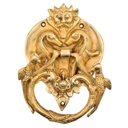 Golden Brass Bat Head Two Big Lizards With Peacock Statues On The Knocker Ring