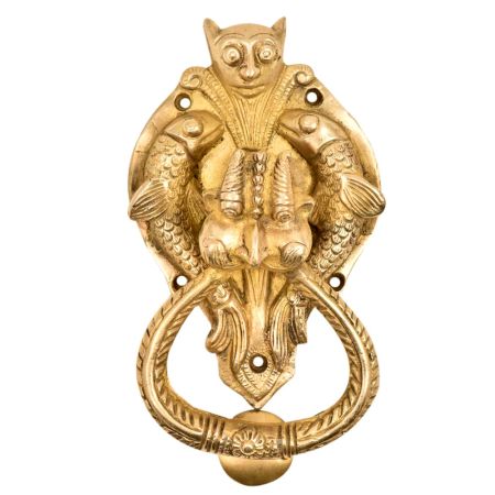Hand Crafted Huge Demon Head Two Fishes With Ornate Door Brass Metal Door Knocker Ring