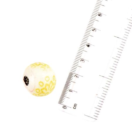 White Painted Yellow Floral Polka Design Glass Jewelry Beads (12 in Pack)