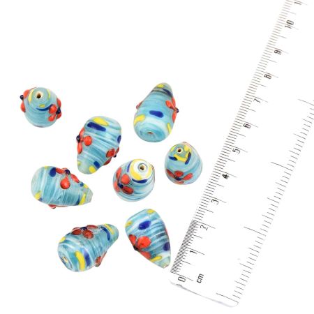 Blue Stripe Embossed Colorful  Flower Glass Beads For Jewelry Making Loose Egg Shape (12 in Pack)