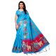 Blue Bullock Cart Village Scene Women's Khadi Silk Printed Saree With Blouse Piece