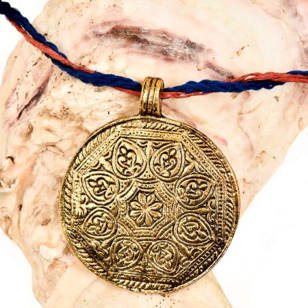 Round Engraved Floral Design Golden Aluminum Metal  Tribal Pendant Necklace