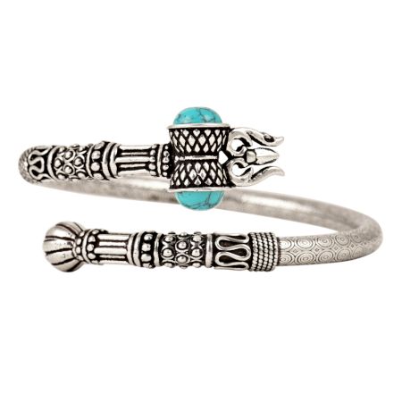 92.5 Sterling Silver BangleTrishul Damroo Turquoise Stone Designer Kada