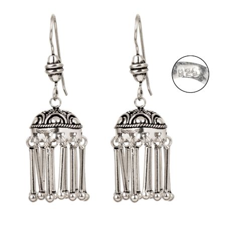 92.5 Sterling Sliver Earrings Dome Shaped Jhumkies With Silver Tassels