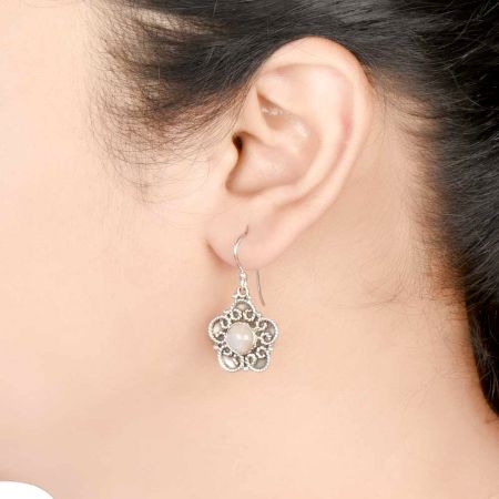 92.5 Sterling Silver Earrings Rainbow Moonstone Flower Drop Earrings