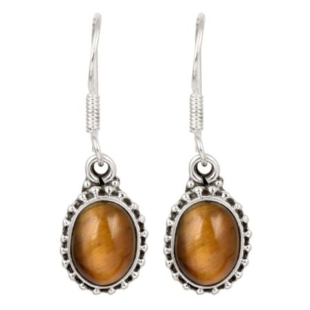 92.5 Sterling Silver Earrings With Oval Tiger Eye  Drop Earrrings