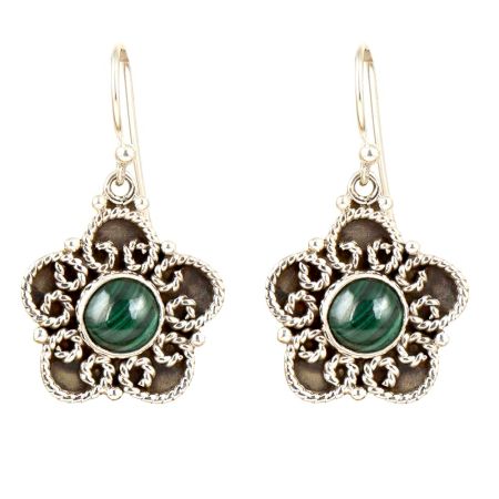 92.5 Sterling Silver Earrings Round Malachite Decorative Dangle Earrings