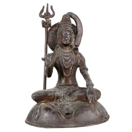 Sitting Brass Statue of Lord Shiva and Trishul