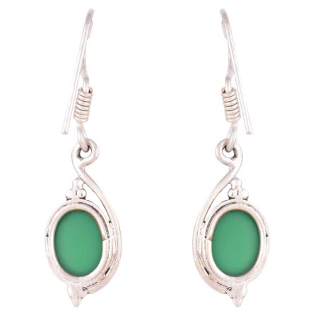 92.5 Sterling Silver Earring Single Oval Shaped Green Agate Hook Earrings