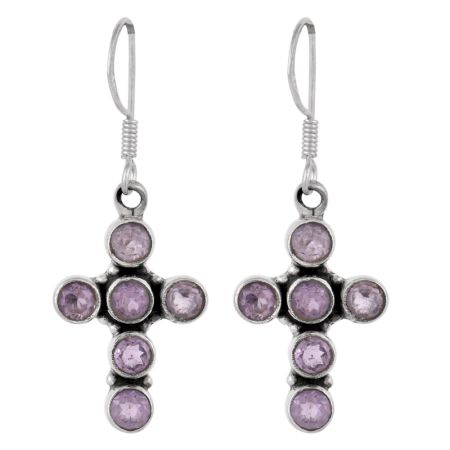 92.5 Sterling Silver Earrings Amethyst Cross Design Dangle Earrings
