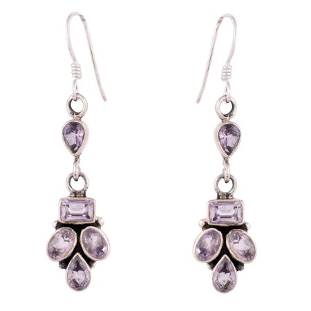 Sterling Silver Dangle Earrings Four Stone Faceted Amethyst Earrings