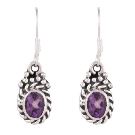 92.5 Sterling Silver Earrings Amethyst And Floral Carvings Dangle Earrings