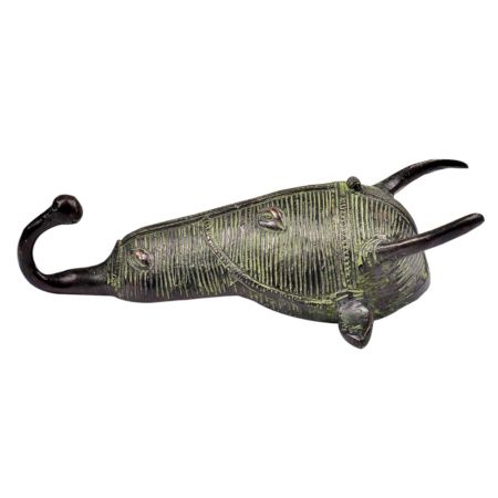Handmade Brass Tribal Bull Face Wall Hook with Horns And Green Finish