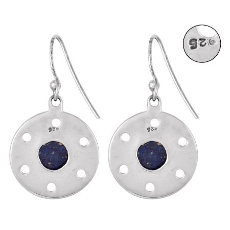 92.5 Sterling Silver Earrings Round Lapis Lazuli Floral Carvings Danglers