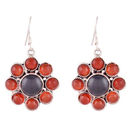 92.5 Sterling Silver Earrings Carnelian Flower Dangle Earrings