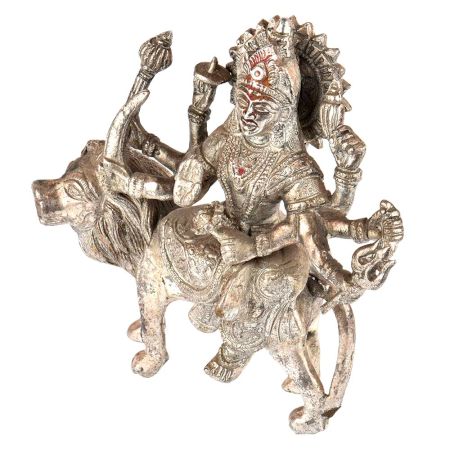 Brass Durga Statue Sherawali Mata With Silver Polish