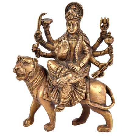 Brass Durga Statue Seated on Her Vehicle Lion Hindu Worship Statue