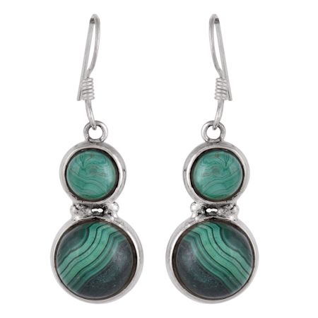 92.5 Sterling silver Earring Twin Round Green Malachite Hook Everday Earrring
