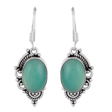 92.5 Sterling Silver Earings Half Design Oval Green Agate Earrings
